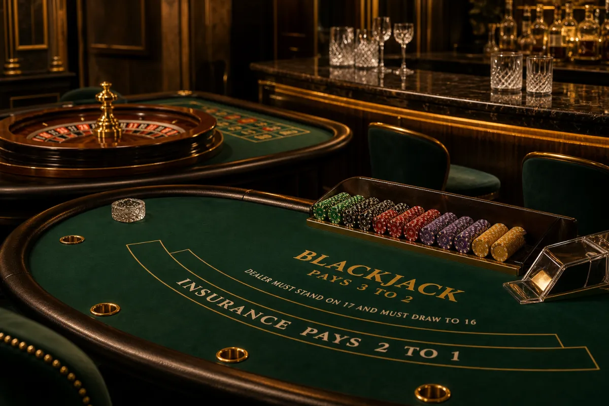 Blackjack és rulett asztalok zöld filccel